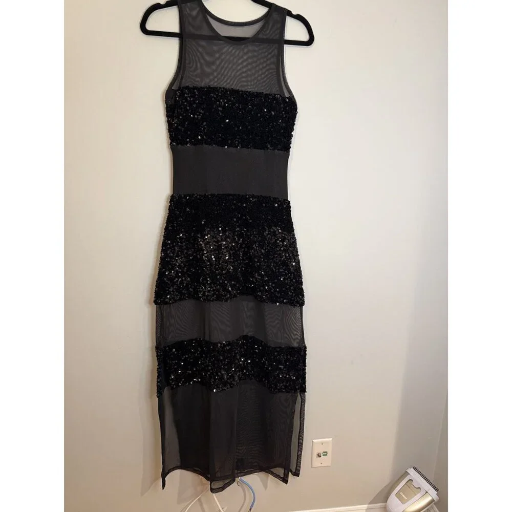 Mandinga Lento Sequin Maxi Dress Black Sheer Womens Size Small $370 [jb]